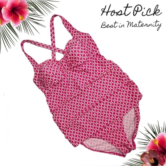 Oh Baby by Motherhood Swim Bathing Suit Geometric Print Pink White Medium M - Picture 1 of 14